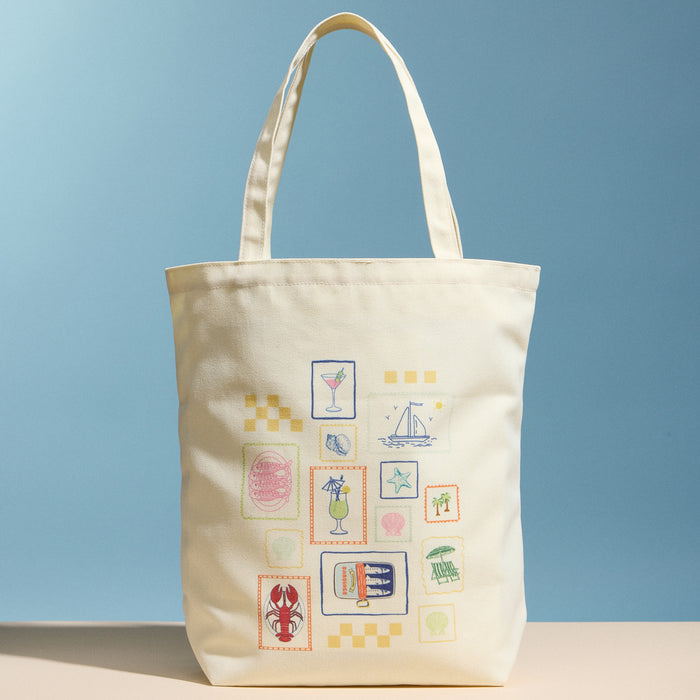 Cream Canvas Tote Bag with Coastal Stamp Print – Reusable Everyday Shoulder Shopping Bag