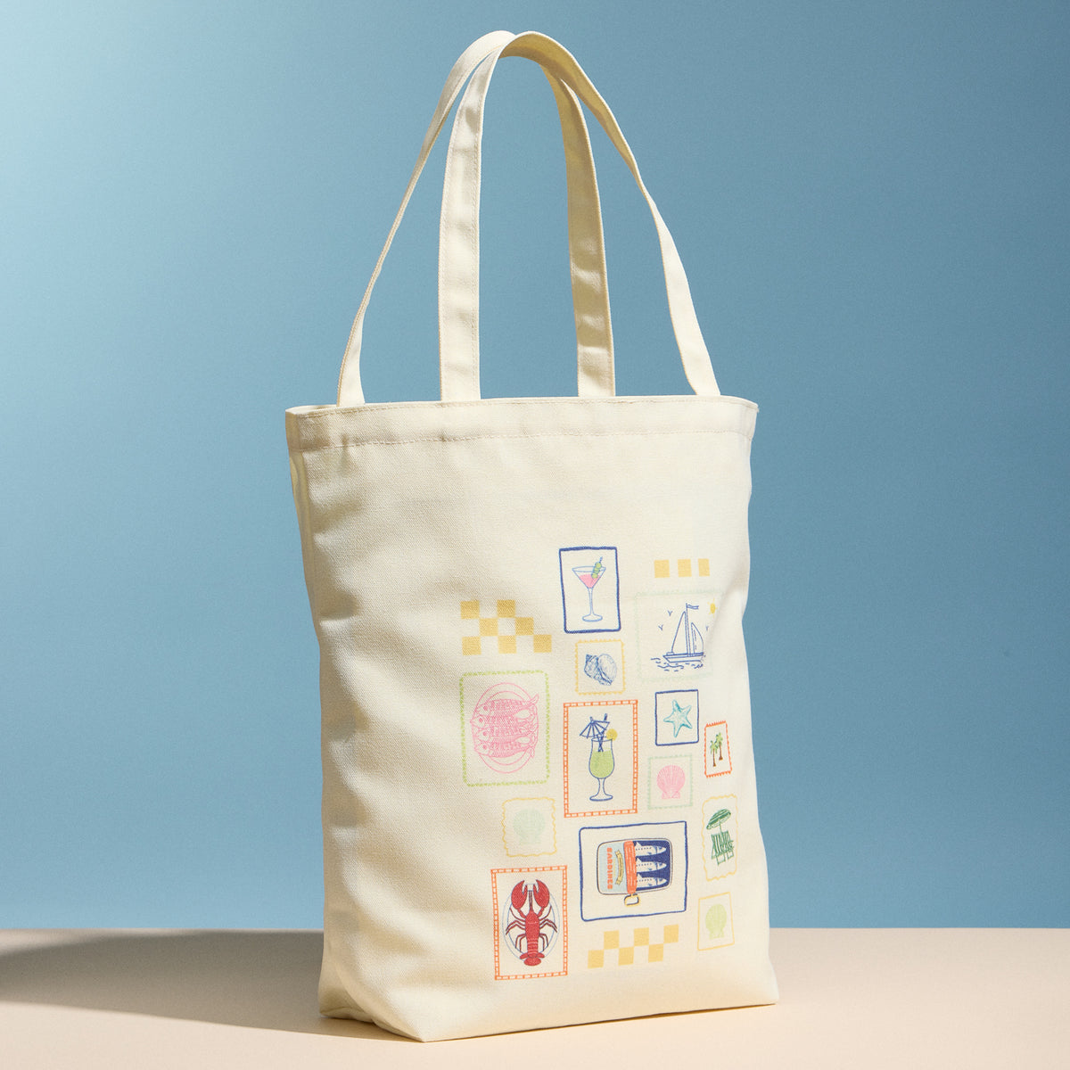 Cream Canvas Tote Bag with Coastal Stamp Print – Everyday Shoulder Shopping Bag