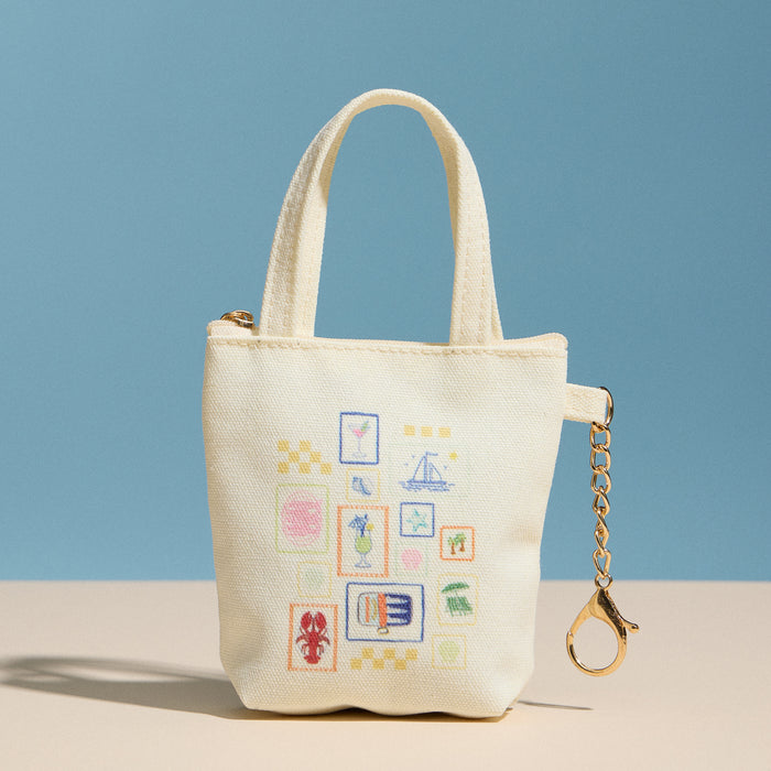 Mini Canvas Pouch with Mediterranean Graphic, Short Handle & Chain Keyring