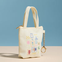 Mini Canvas Pouch with Mediterranean Graphic, Short Handle & Chain Keyring