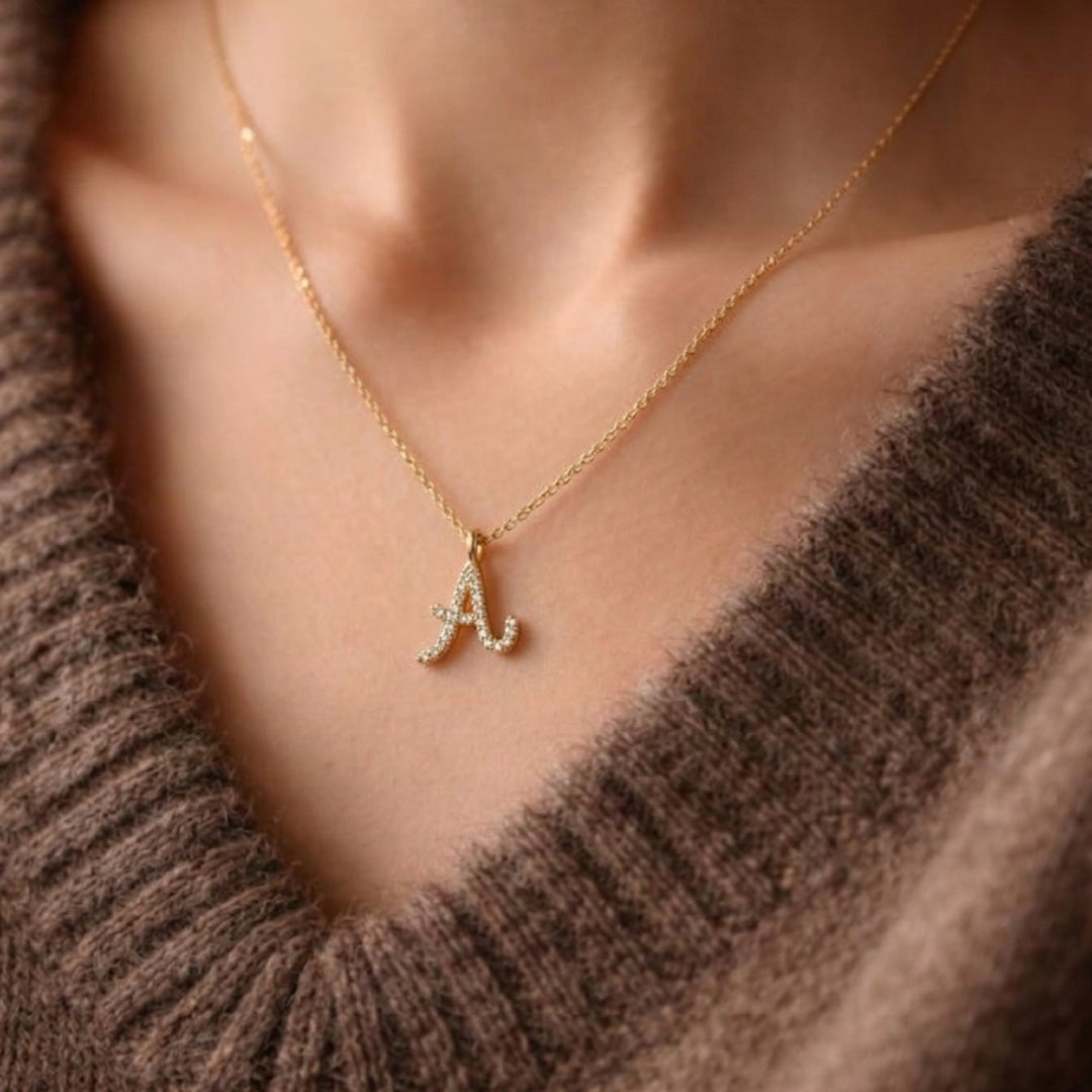 18K Gold Filled Pave Initial  Pendant Necklace