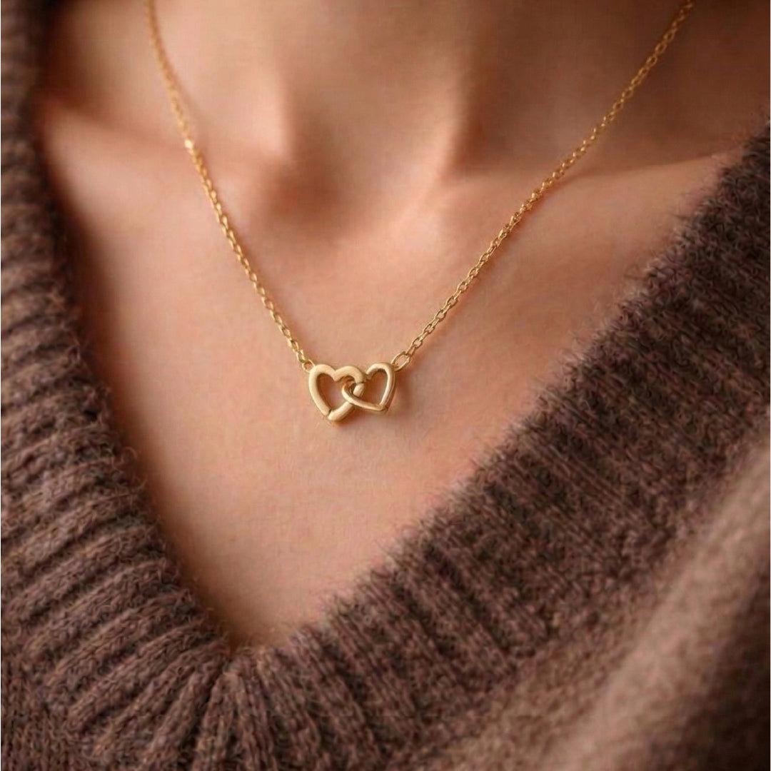 18K Gold Filled Interlocking Double Heart Necklace – Dainty Adjustable Love Pendant Necklace Made in Korea