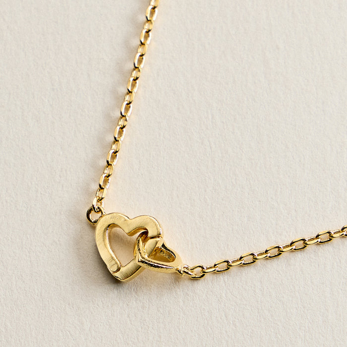 Gold Filled Interlocking Double Heart Necklace – Dainty Adjustable Love Pendant Necklace Made in Korea