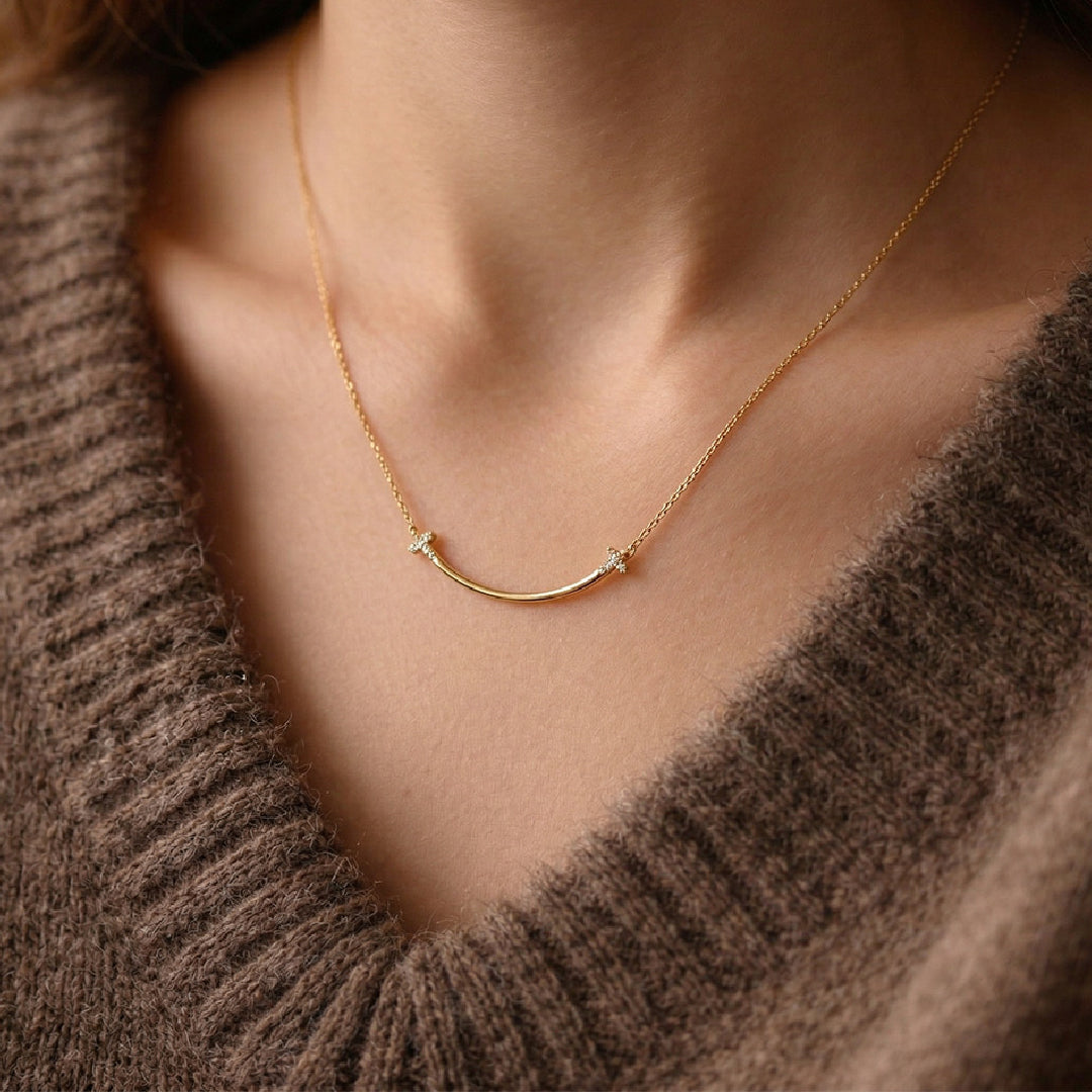 18K Gold Filled Curved Bar Cross Necklace – Dainty CZ Sideways Cross Pendant Necklace Made in Korea