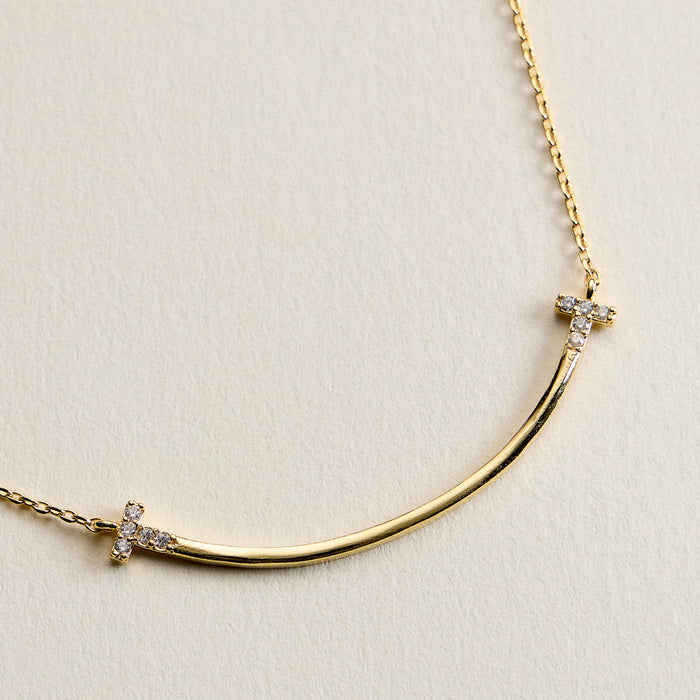 Gold Filled Curved Bar Cross Necklace – Dainty CZ Sideways Cross Pendant Necklace Made in Korea