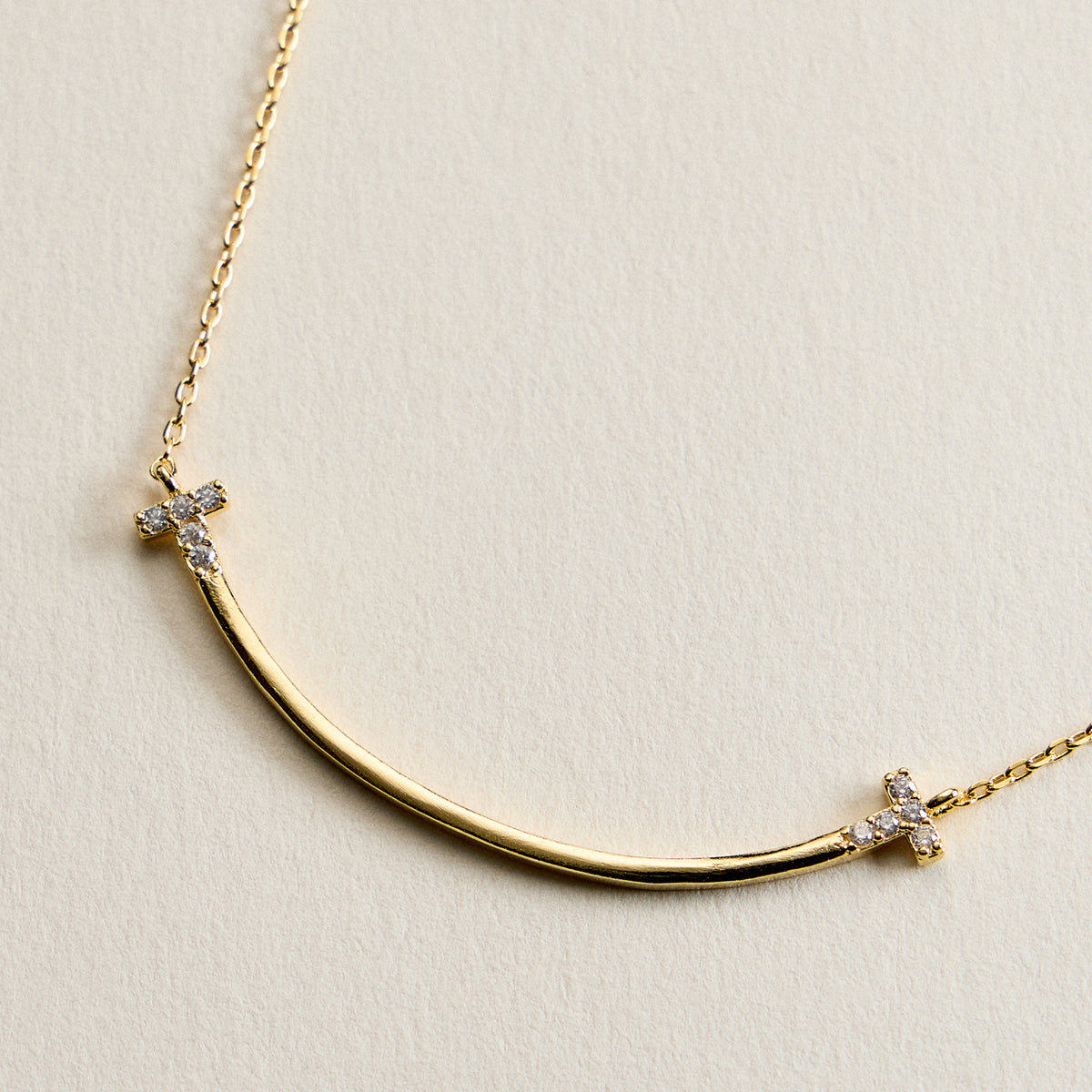 18K Gold Filled Curved Bar Cross Necklace – Dainty CZ Sideways Cross Pendant Necklace Made in Korea