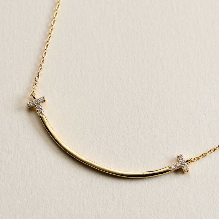 18K Gold Filled Curved Bar Cross Necklace – Dainty CZ Sideways Cross Pendant Necklace Made in Korea