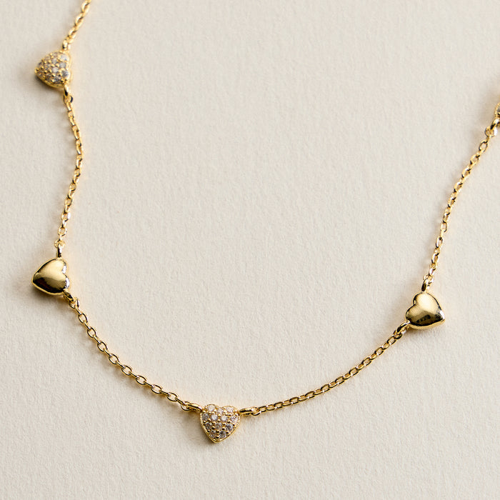 Gold Filled CZ Heart Station Necklace – Dainty Heart Charm Necklace Made In Korea