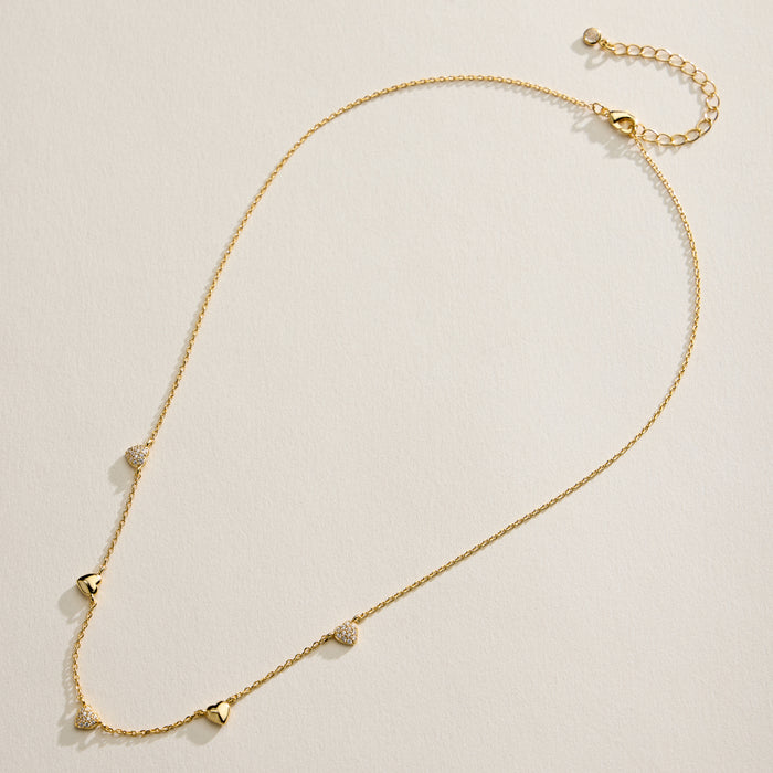 18K Gold Filled CZ Heart Station Necklace – Dainty Heart Charm Necklace Made In Korea