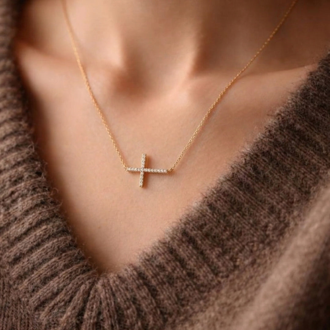 18K Gold Filled CZ Sideways Cross Necklace – Dainty Pave Cross Necklace Made In Korea