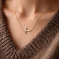 18K Gold Filled CZ Sideways Cross Necklace – Dainty Pave Cross Necklace Made In Korea