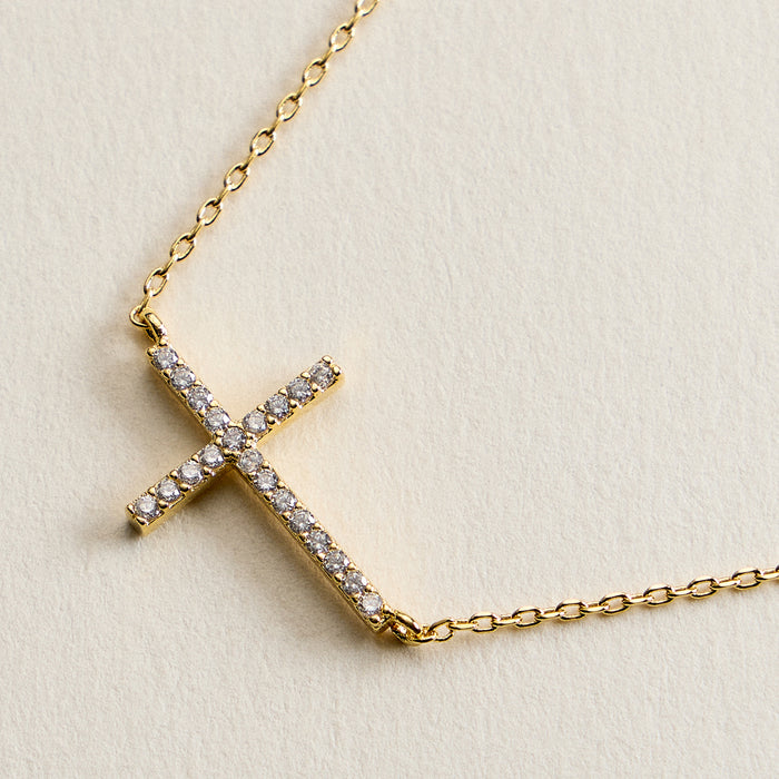 18K Gold Filled CZ Sideways Cross Necklace – Dainty Pave Cross Necklace Made In Korea