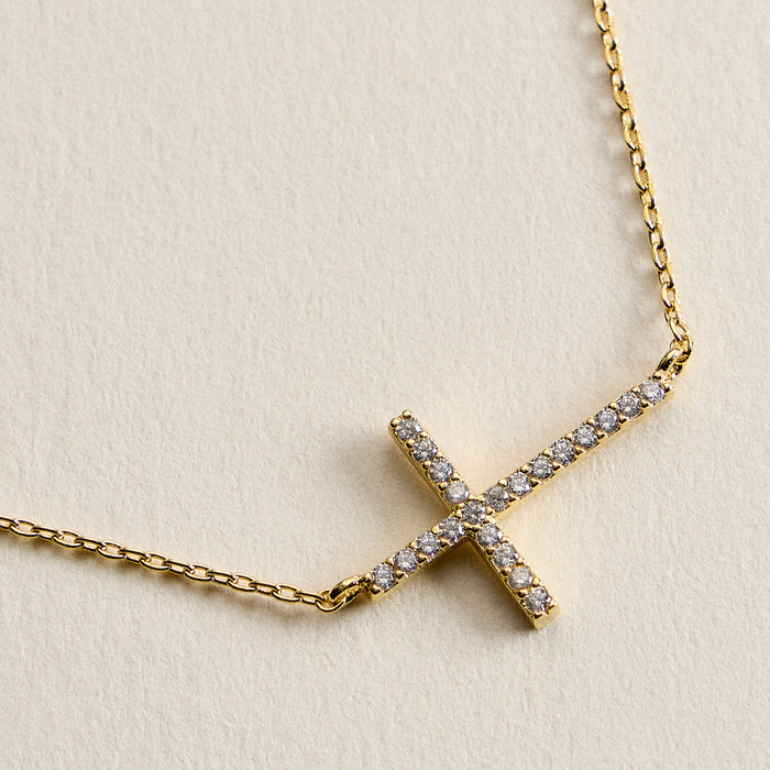 18K Gold Filled CZ Sideways Cross Necklace – Dainty Pave Cross Necklace Made In Korea