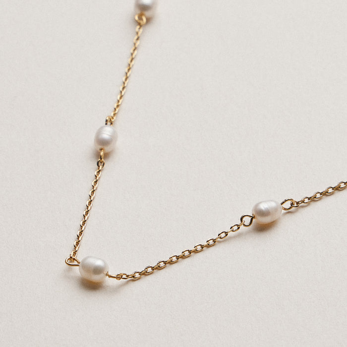 Gold Dipped Sienna Pearl Station Necklace with Fresh water pearls