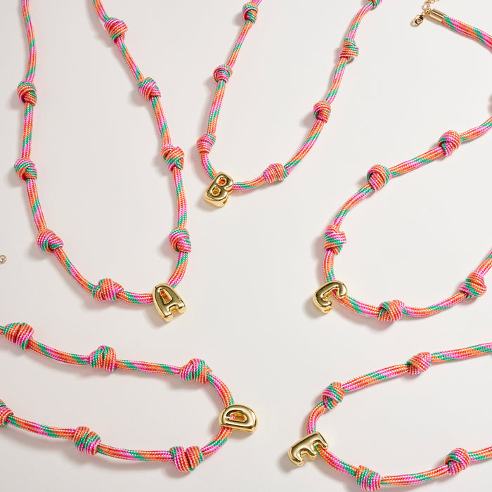 Colorful Knotted Cord Initial Necklace – Gold Letter Charm Adjustable Friendship Necklace
