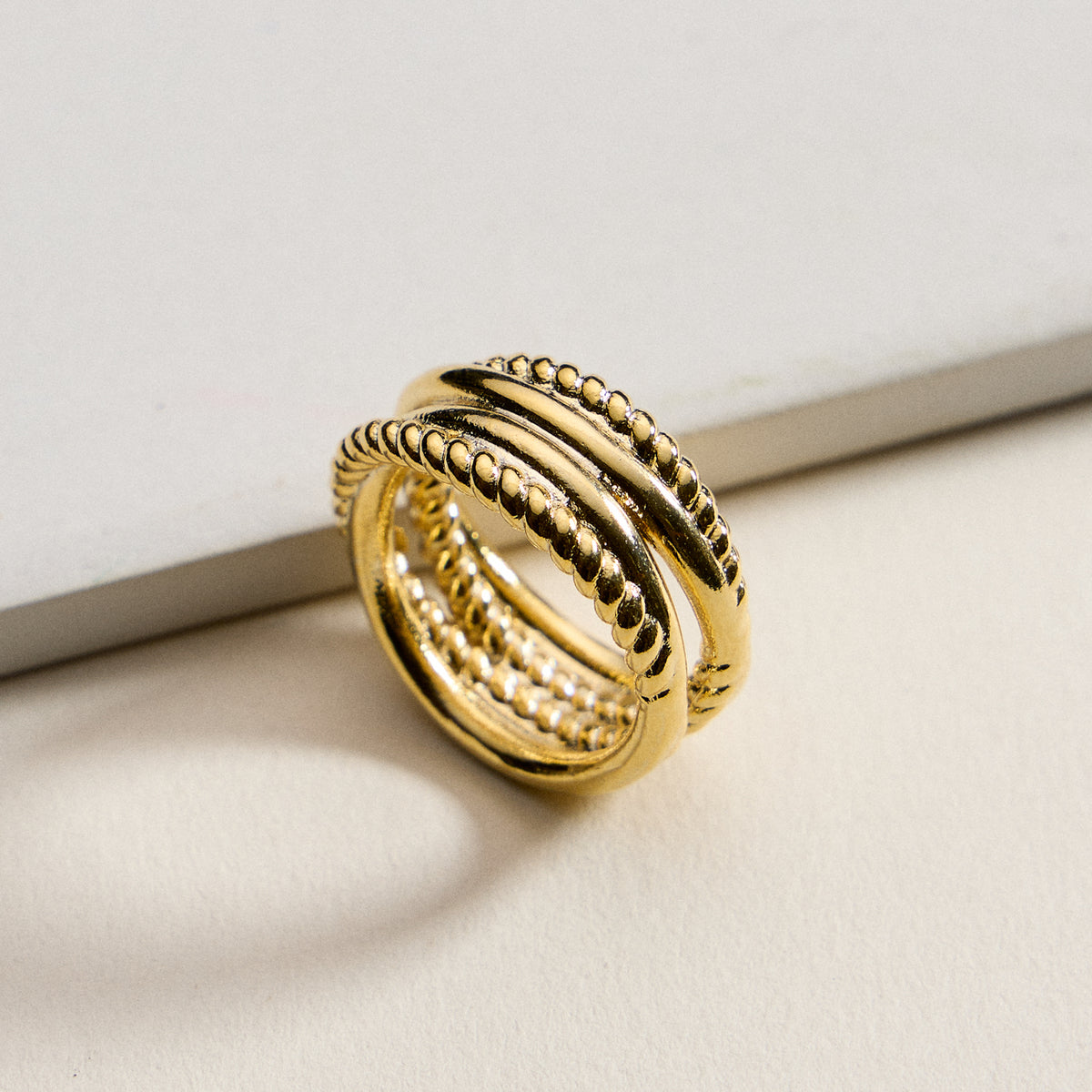 Gold Filled Multi-Layer Statement Ring – Textured & Polished Stack Design – Made in Korea