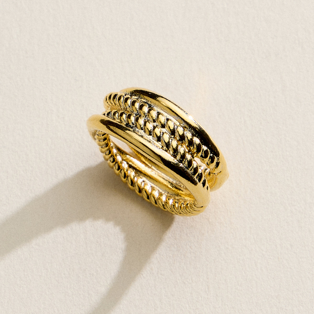 Gold Filled Multi-Layer Statement Ring – Textured & Polished Stack Design – Made in Korea