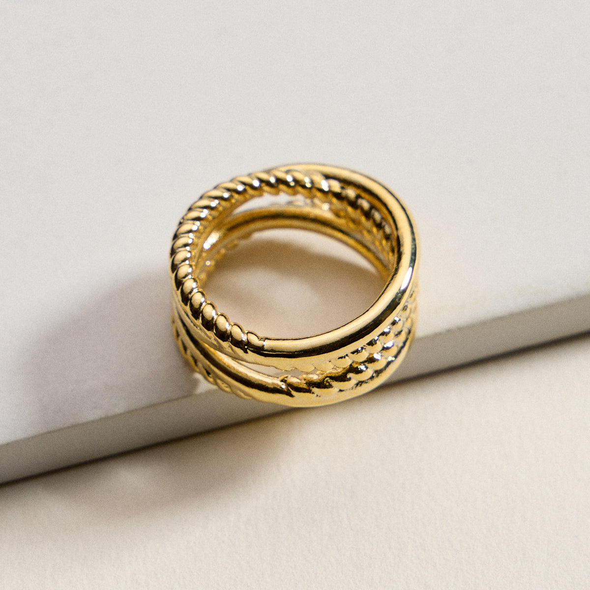 Gold Filled Multi-Layer Statement Ring – Textured & Polished Stack Design – Made in Korea