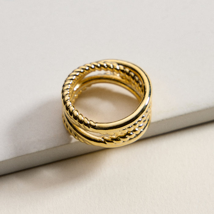 Gold Filled Multi-Layer Statement Ring – Textured & Polished Stack Design – Made in Korea