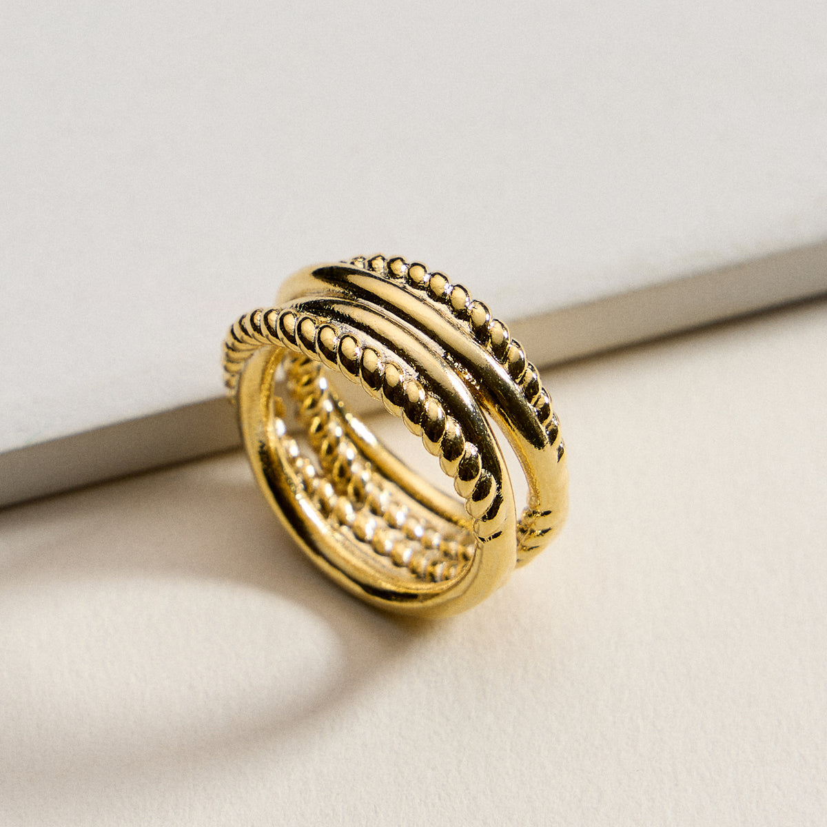 Gold Filled Multi-Layer Statement Ring – Textured & Polished Stack Design – Made in Korea