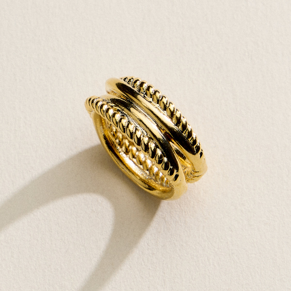 Gold Filled Multi-Layer Statement Ring – Textured & Polished Stack Design – Made in Korea