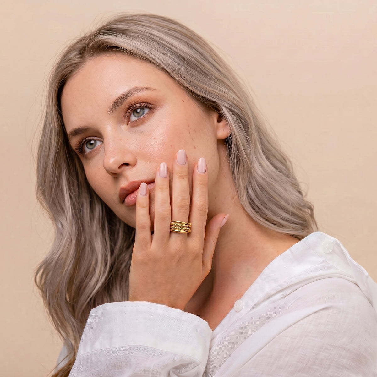 18K Gold Filled Multi-Layer Statement Ring – Textured & Polished Stack Design – Made in Korea