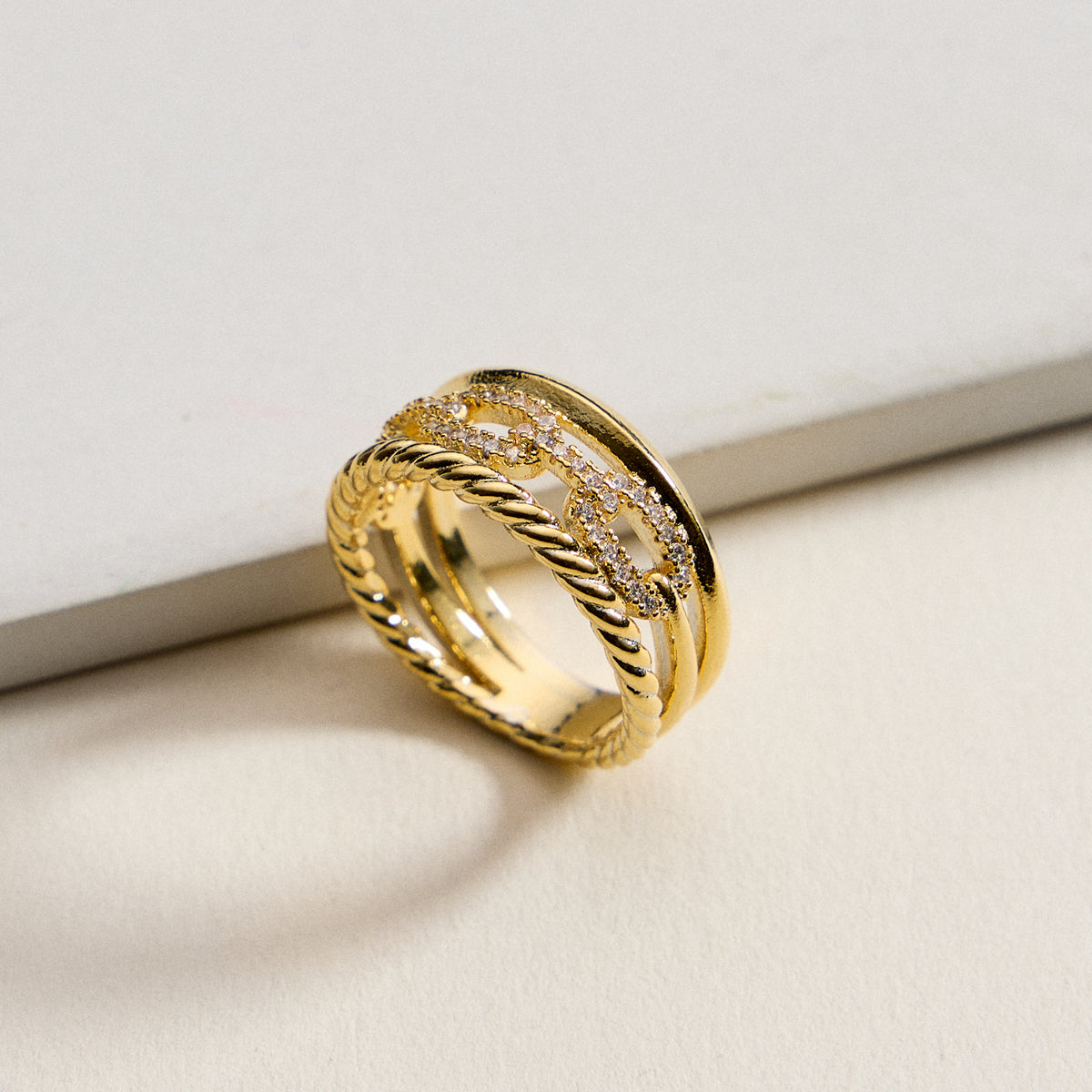 Gold Filled CZ Chain Link Stack Ring – Multi-Layer Statement Band – Made in Korea