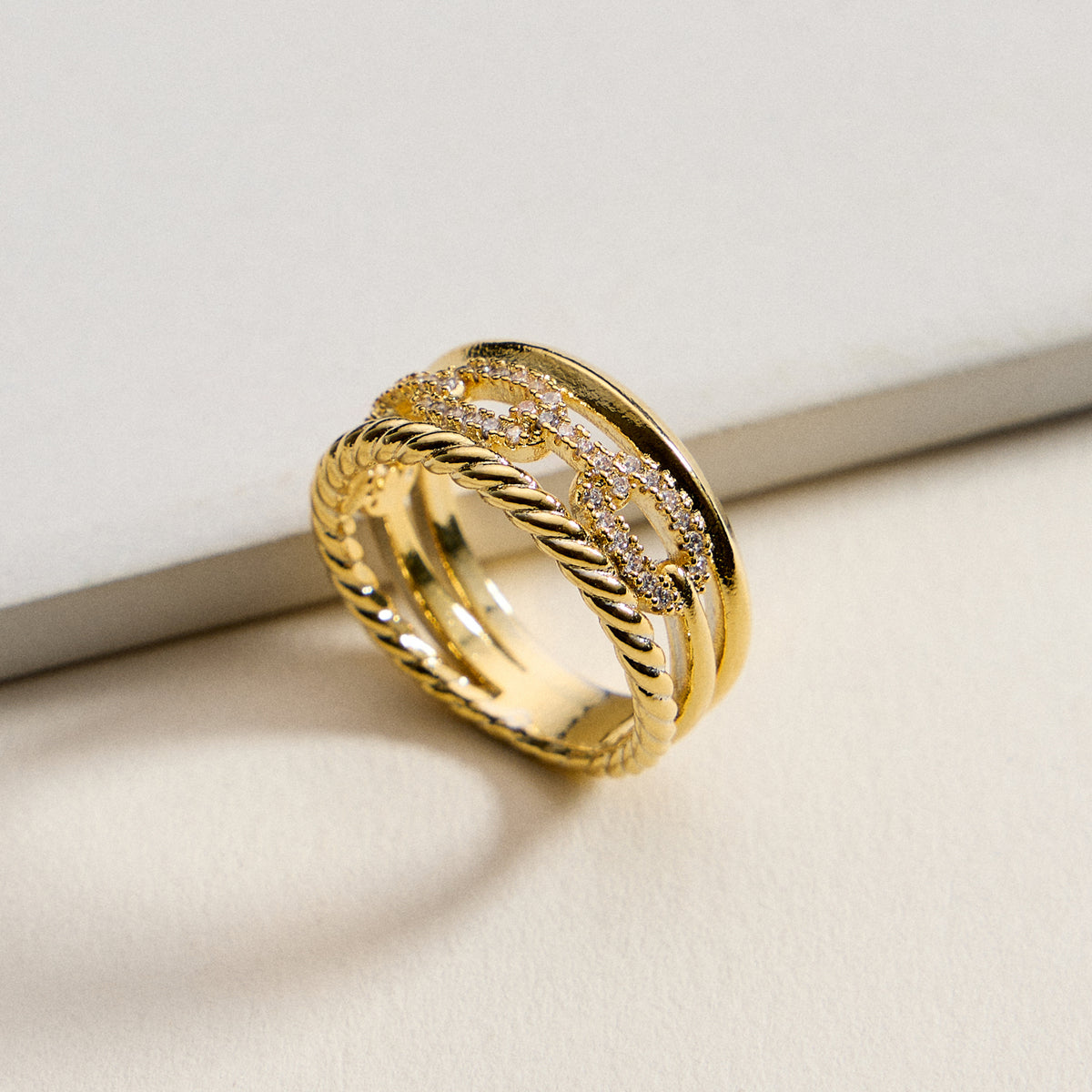 Gold Filled CZ Chain Link Stack Ring – Multi-Layer Statement Band – Made in Korea