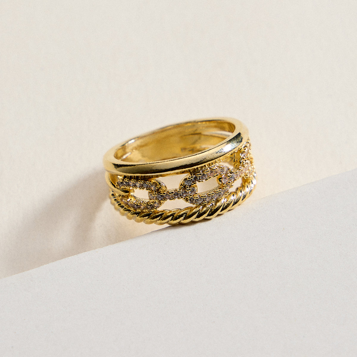 Gold Filled CZ Chain Link Stack Ring – Multi-Layer Statement Band – Made in Korea