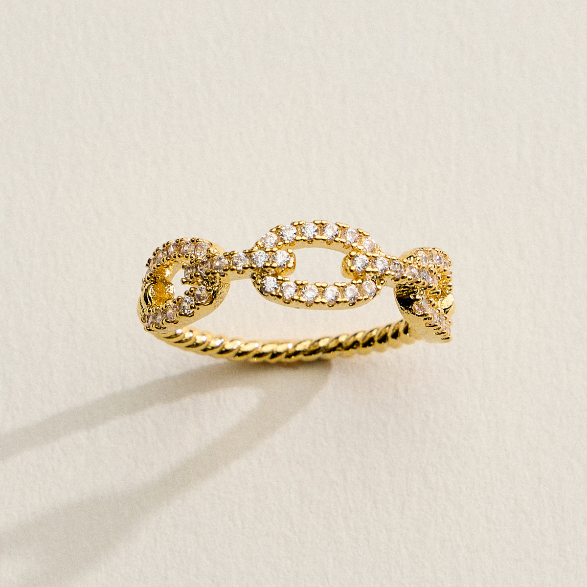 Gold Filled CZ Oval Link Ring – Twisted Rope Band Statement Ring – Made in Korea