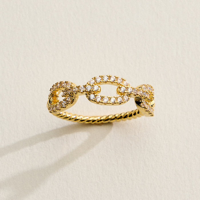 Gold Filled CZ Oval Link Ring – Twisted Rope Band Statement Ring – Made in Korea