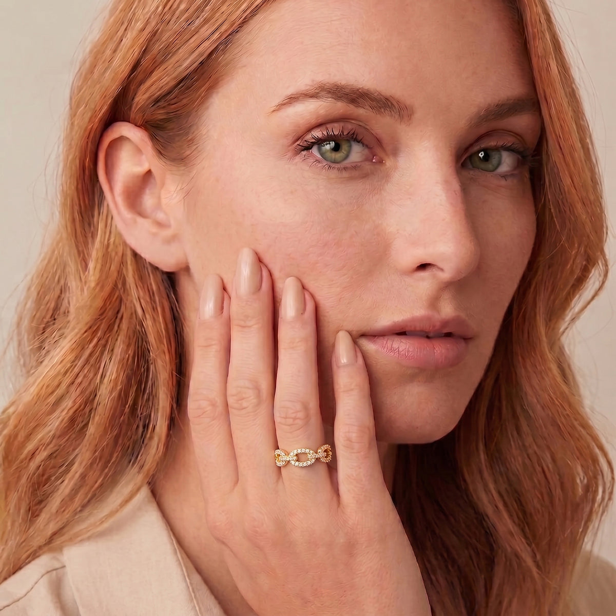 18K Gold Filled CZ Oval Link Ring – Twisted Rope Band Statement Ring – Made in Korea