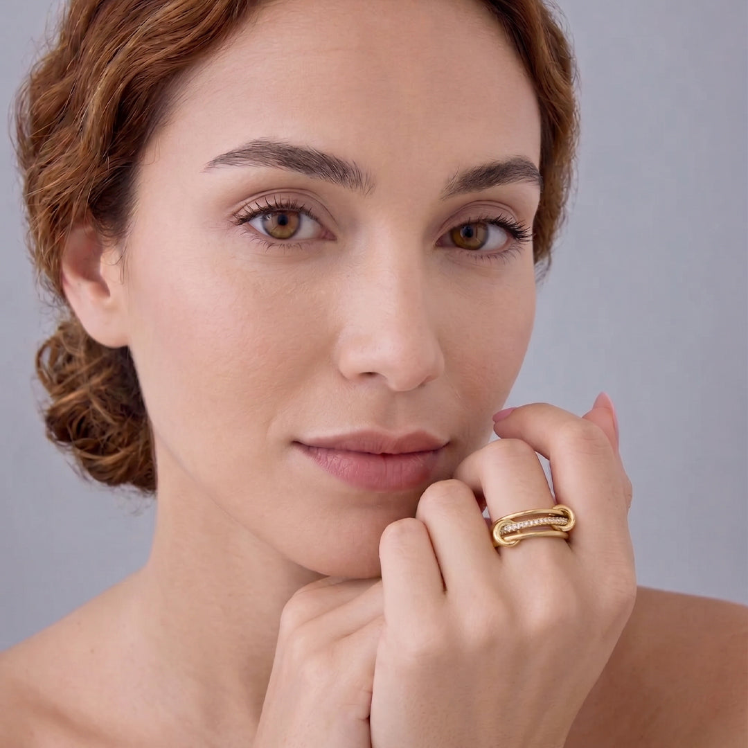 18K Gold Filled CZ Interlocking Ring – Modern Double Loop Statement Ring – Made in Korea