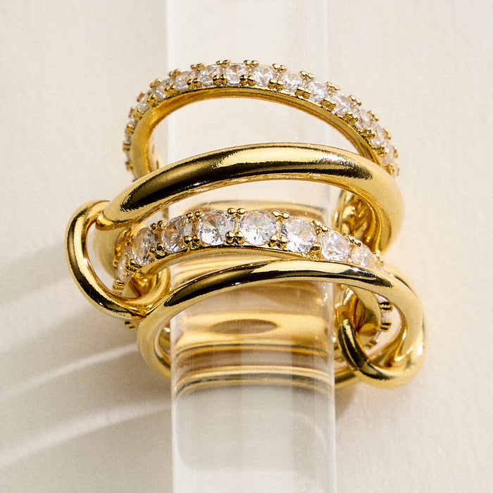 Gold Filled CZ Interlocking Ring Set – Multi Ring Stack Statement Band – Made in Korea