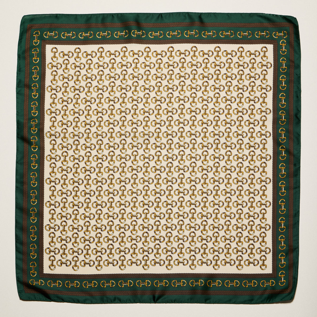 Classic Chain Print Square Scarf – Green & Navy Border Silk-Feel Fashion Scarf