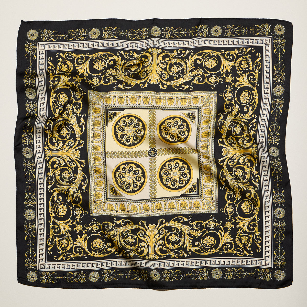 Classic Baroque Square Scarf – Vintage Gold Chain & Ornate Scroll Print Satin Headscarf