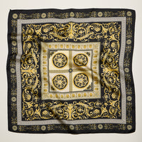 Classic Baroque Square Scarf – Vintage Gold Chain & Ornate Scroll Print Satin Headscarf