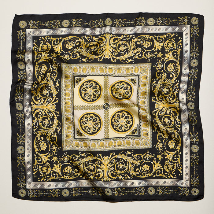 Classic Baroque Square Scarf – Vintage Gold Chain & Ornate Scroll Print Satin Headscarf