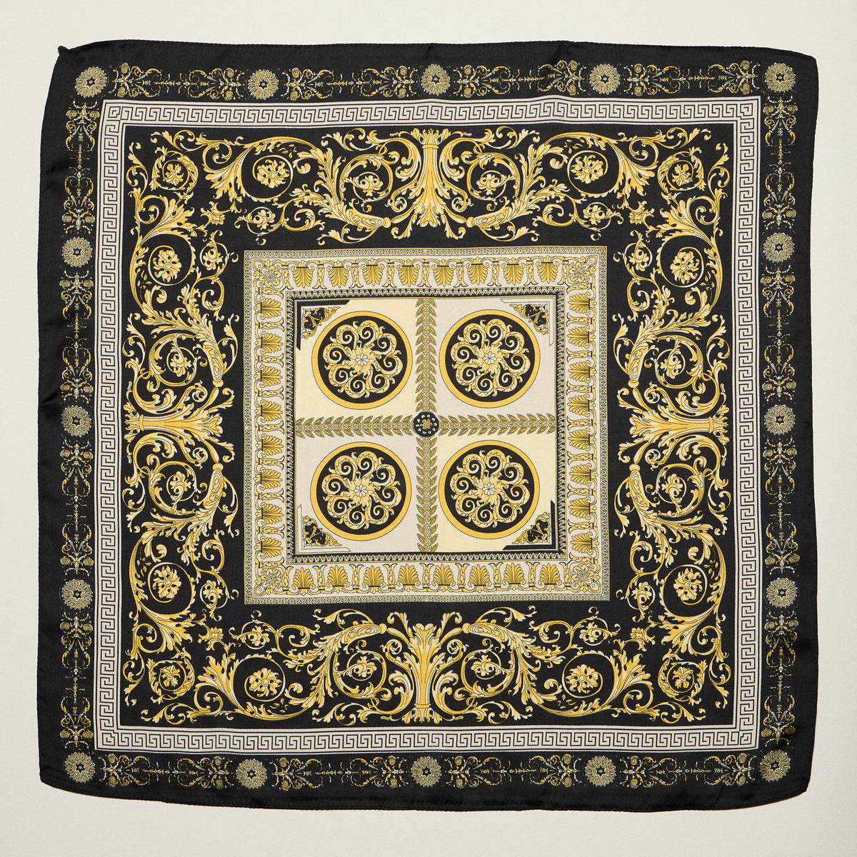 Classic Baroque Square Scarf – Vintage Gold Chain & Ornate Scroll Print Satin Headscarf