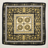 Classic Baroque Square Scarf – Vintage Gold Chain & Ornate Scroll Print Satin Headscarf