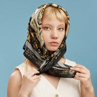 Classic Baroque Square Scarf – Vintage Gold Chain & Ornate Scroll Print Satin Headscarf