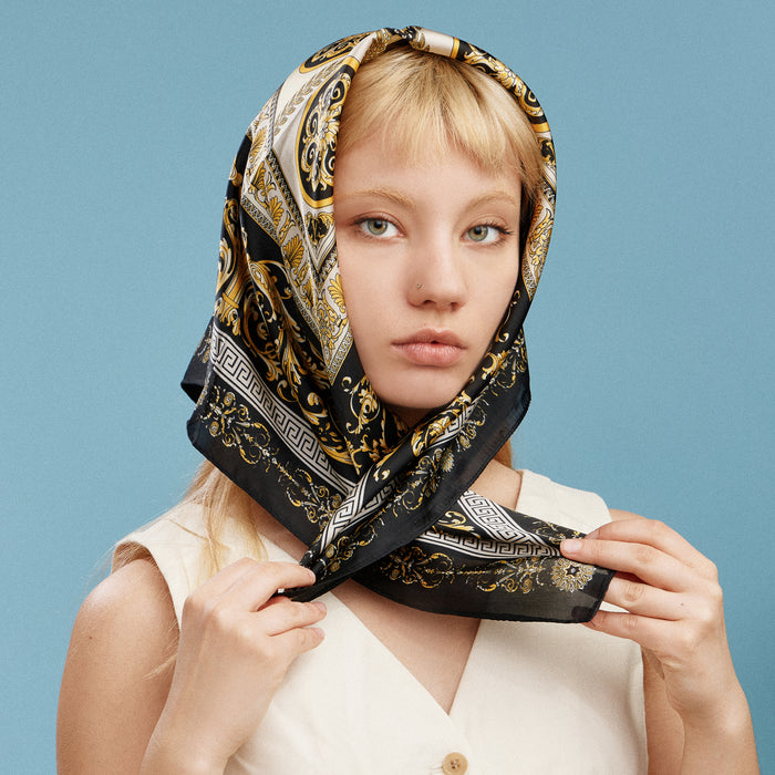 Classic Baroque Square Scarf – Vintage Gold Chain & Ornate Scroll Print Satin Headscarf