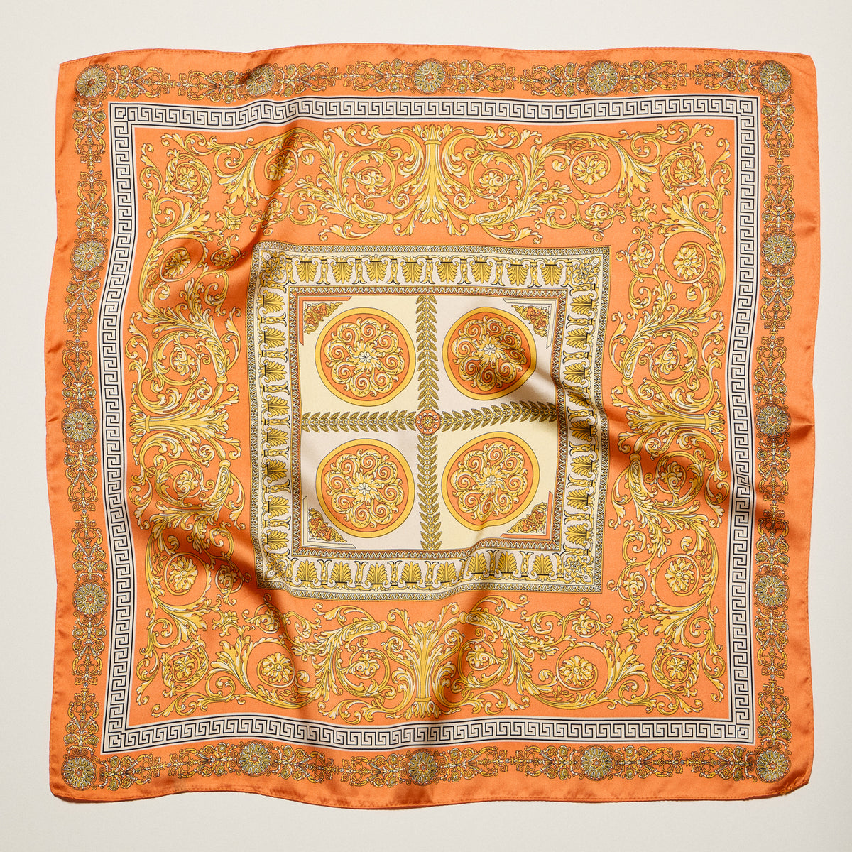 Classic Baroque Square Scarf – Vintage Gold Chain & Ornate Scroll Print Satin Headscarf