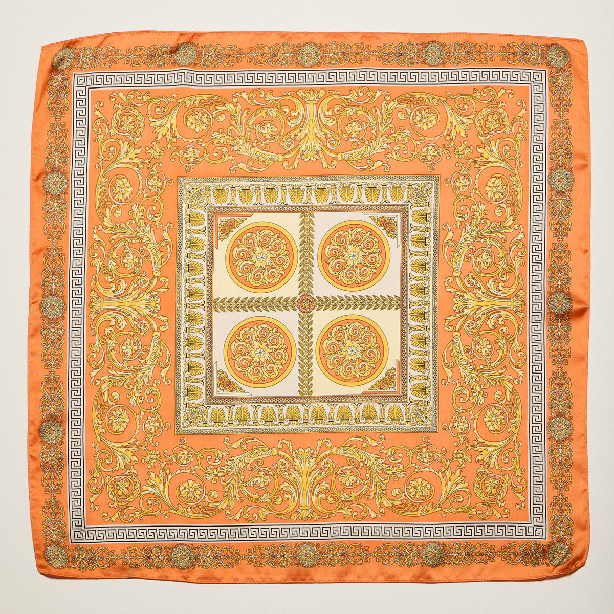 Classic Baroque Square Scarf – Vintage Gold Chain & Ornate Scroll Print Satin Headscarf