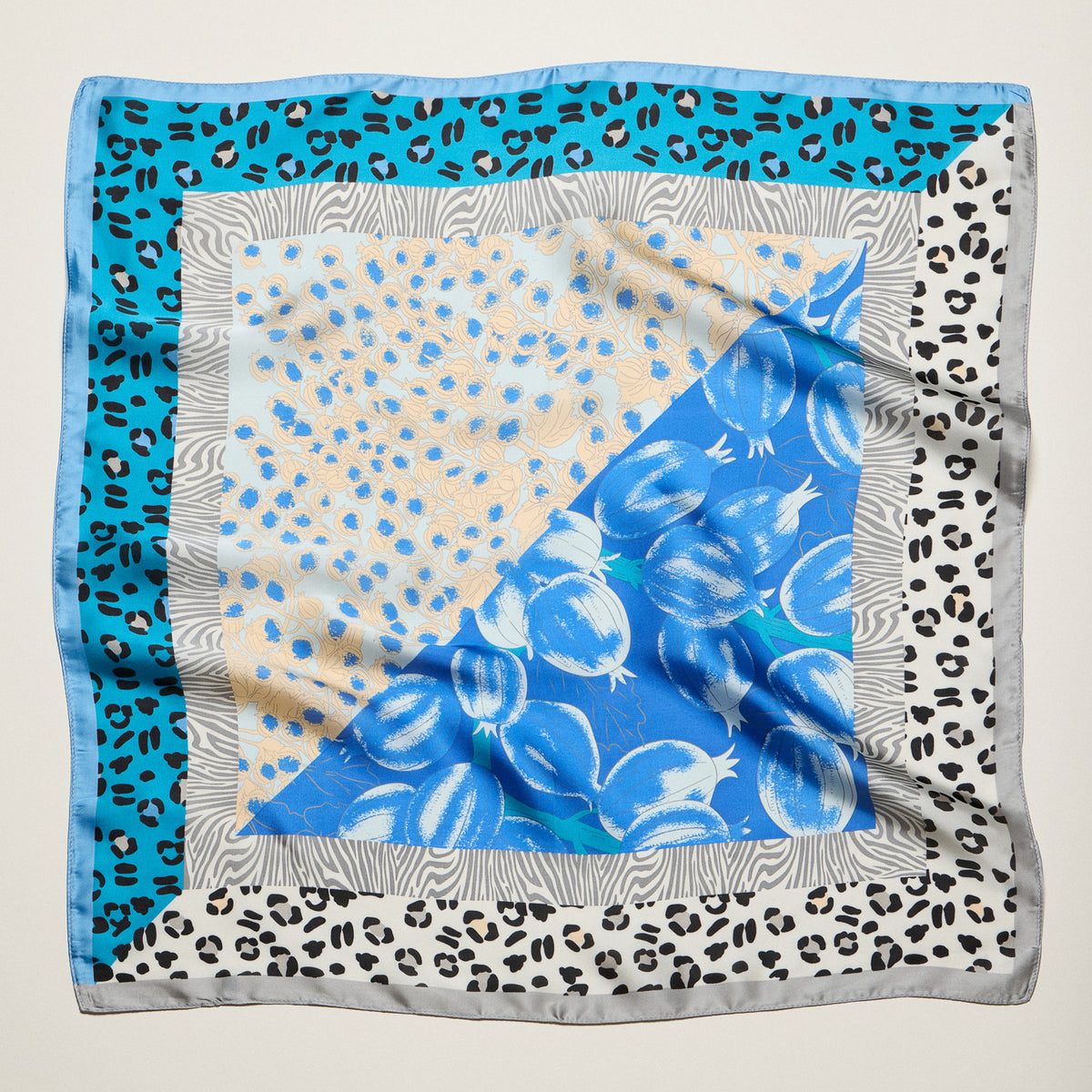 Patchwork Leopard & Floral Square Scarf – Satin Feel Fashion Neck, Hair & Bag Scarf