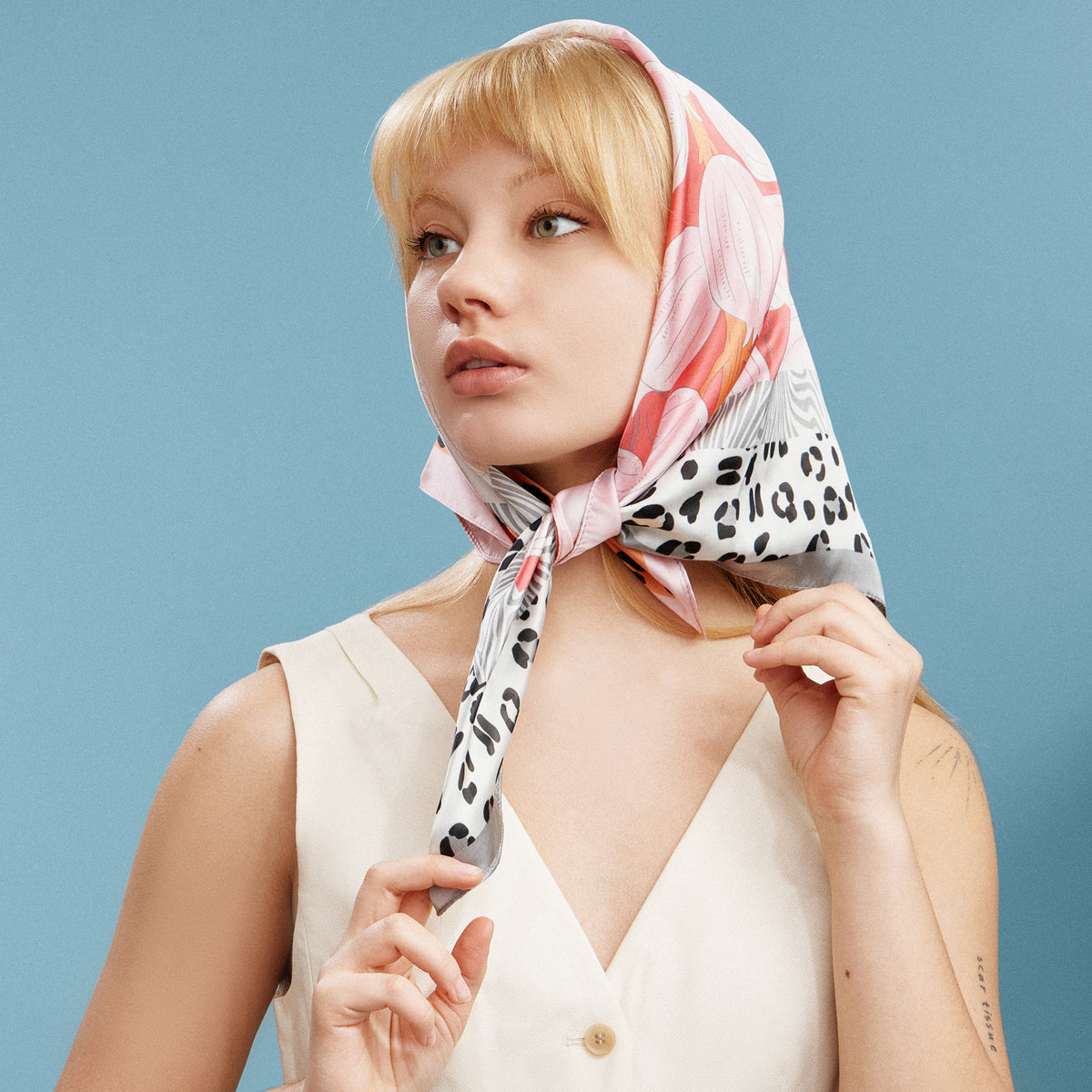 Satin Leopard & Floral Patchwork Square Scarf