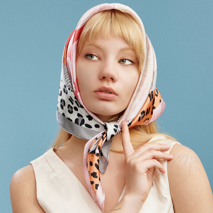 Satin Leopard & Floral Patchwork Square Scarf