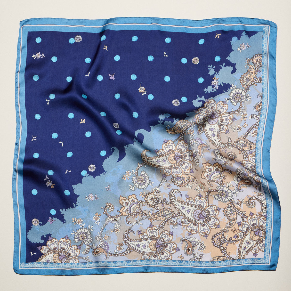 Vintage Paisley Polka Dot Square Scarf – Blue & Olive Elegant Silk-Feel Neck Hair Scarf
