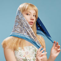 Vintage Paisley Polka Dot Square Scarf – Blue & Olive Elegant Silk-Feel Neck Hair Scarf
