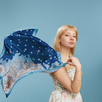 Vintage Paisley Polka Dot Square Scarf – Blue & Olive Elegant Silk-Feel Neck Hair Scarf